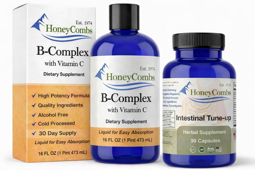 HoneyCombs B Complex with Vitamin C Liquid 16oz + Intestinal Tune Up Capsules Bundle – Vitamin B Complex Liquid B1 B2 B3 B5 B6 B7 B9 B12 Supplement – Digestive Support Gut Health Supplement