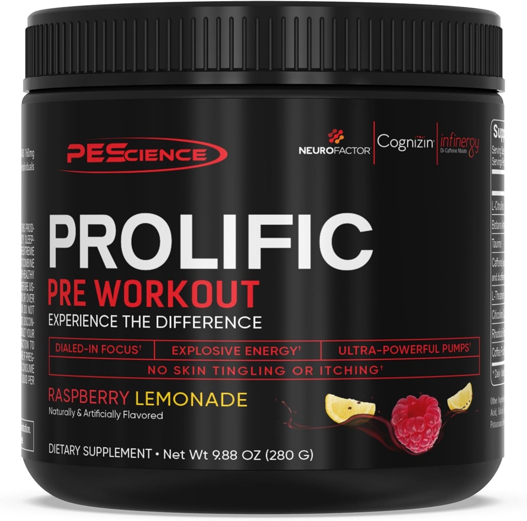 PESCIENCE termékeny preworkout por a férfiak és nők számára L-citrullin nitrogén-oxid booster, Energy Powder & Nootropic for Focus - Előedzés Beta Alanine nélkül - 40 Scoops, Málna Lemonade