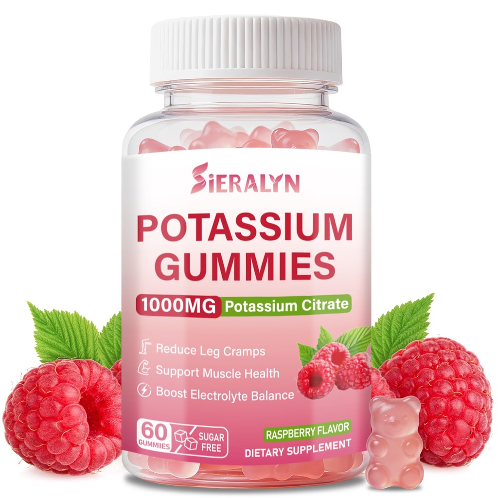 Potassium Citrate 1000mg Gummies, Potassium Supplement for Adults Women & Men, Potassium Gummies Support Leg Cramps & Muscle Health - Sugar-Free, Vegan, Raspberry Flavor, 60 Count