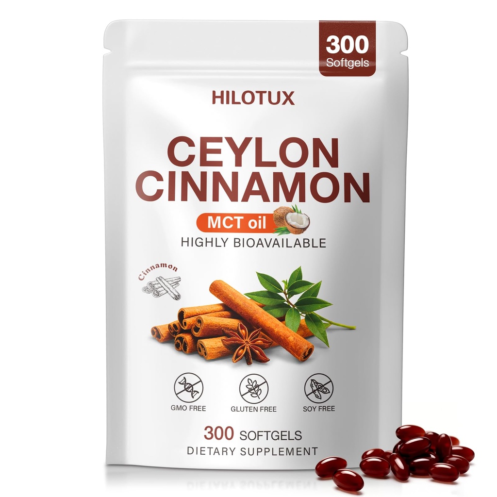 True Cinnamon Supplement Softgels Cherry with MCT Oil, 300 Count, Sri Lanka Sourced, Low Coumarin Formula, Gluten & Soy Free, Natural Wellness Support for Men & Women