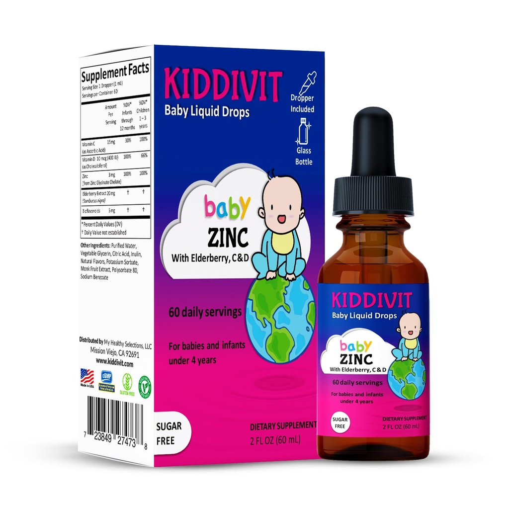 Baby Zinc Liquid Drops with Elderberry, Vitamin D3 & C – Gentle Immune Support Supplement – 60 Daily Servings, Inulin Fortified Prebiotic Fiber – Sugar Free, Gluten Free, Vegetarian, 2oz