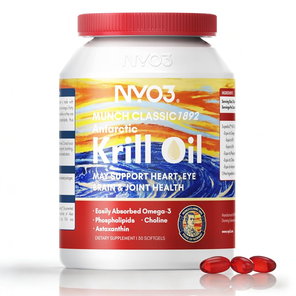 NYO3 100% Antarctic Krill Oil 850mg Omega 3 Supplement Beyond Fish Oil with Choline & Antioxidant Astaxanthin for Heart Brain Joint, GMP, Third Party Tested, No Fishy Burps - 30 Softgels