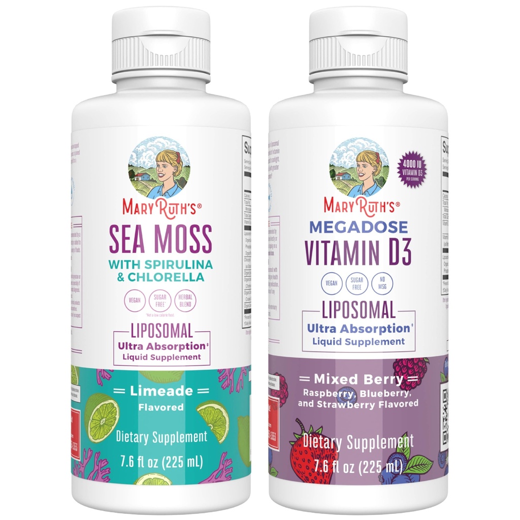 MaryRuth Organics Sea Moss Liposomal (Limeade) & Vitamin D3 Liposomal (Mixed Berry) | Clean Label Project Verified® | Vitamins for Energy, Beauty, & Immunity | Vegan, Gluten-Free, Non-GMO