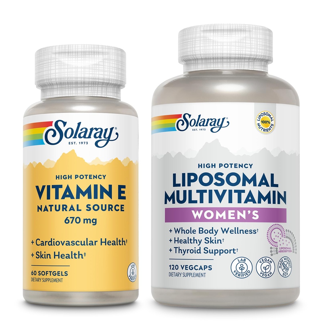 SOLARAY Vitamin E 1000 IU and Women’s Liposomal Multivitamin Bundle - d Alpha Tocopheral and Enhanced Absorption, High Potency Multivitamin for Women Iron - Skin, Heart, Bone Support - 60 Servings