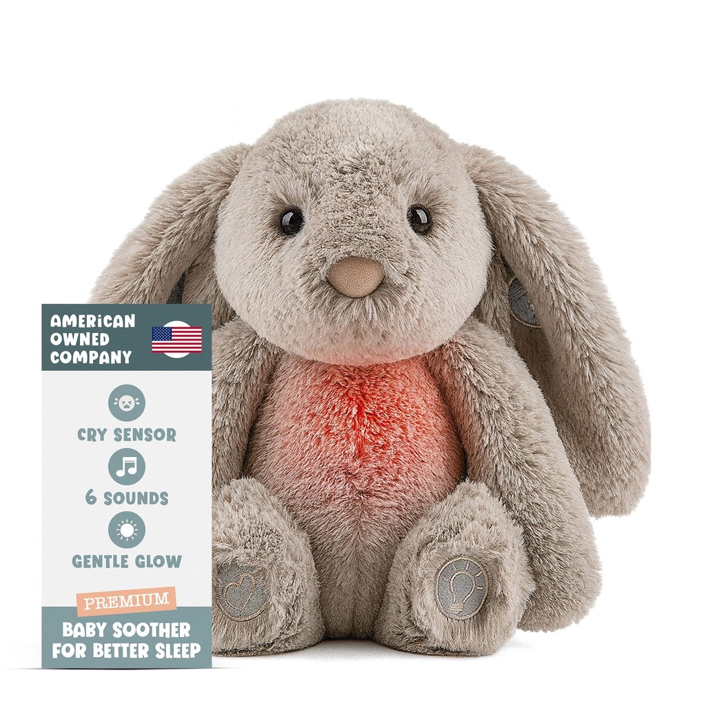 Gemma Joy Baby Sleep Soother Bunny 11 Inch – Cry Activated Heartbeat Stuffed Animal, Rechargeable Crib Soother with White Noise, Shush, Lullabies and Night Light – Newborn Baby Gift