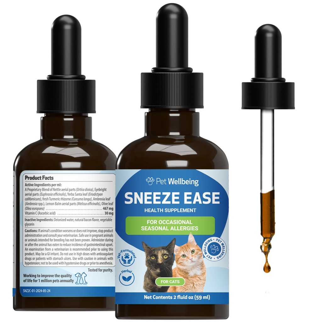 Pet Wellbeing Sneeze Ease for Cats - Occasional Sneezing, Seasonal Allergies, Nose and Eye Discomfort, Eyebright, Nettles - Veterinarian-Formulated Herbal Supplement 2 oz (59 ml)