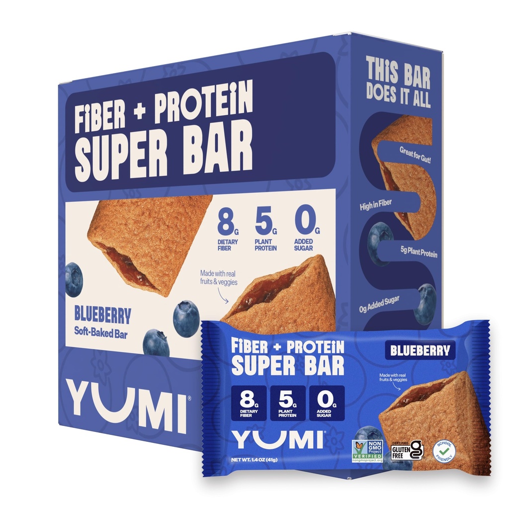 YUMI Blueberry Soft Baked Breakfast Bars - Healthy Snack Bar, 8g Fiber, 5g Plant Protein, 11 Veggie Blend, Gluten Free, Vegan, Nut and Dairy, Kids Breakfast & Cereal Bars, 30 Count