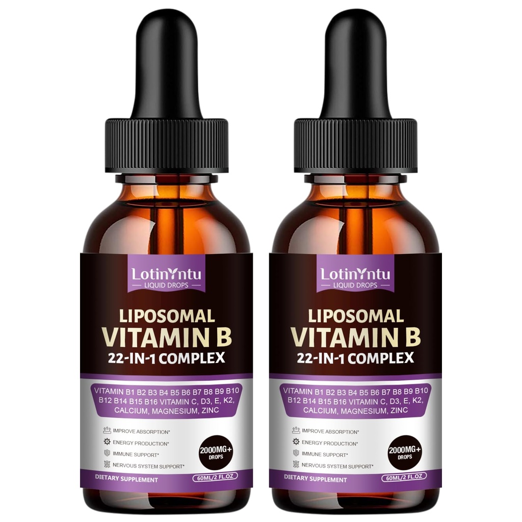 2 Pack 22-in-1 Liposomal Vitamin B Complex Liquid Drops,B1,B2,B3,B5,B6,B12 Methylcobalamin,Vitamin C,D3,K2,Riboflavin, Biotin, Pantothenic Acid, Immune & Energy Metabolism, Max Absorption