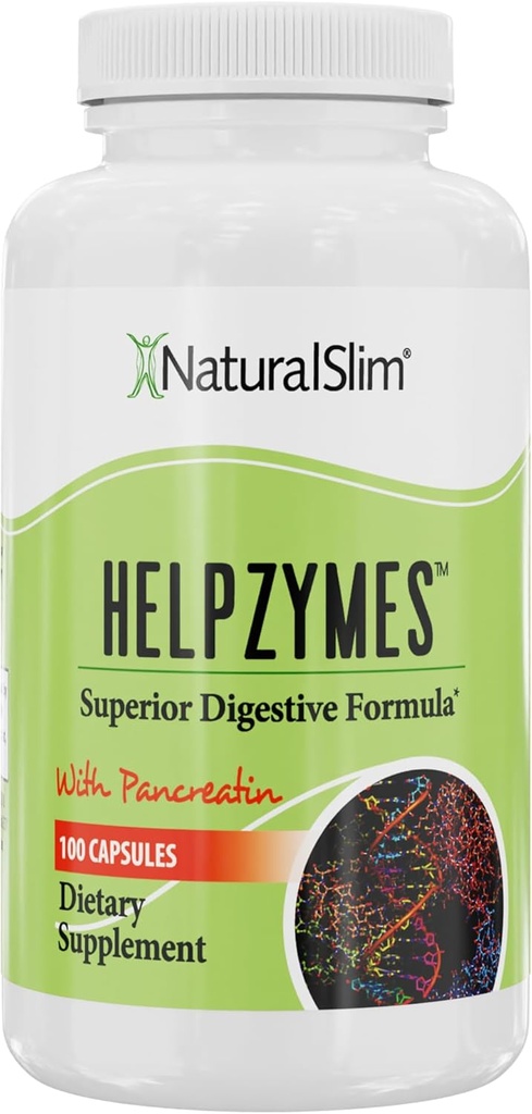 NaturalSlim Gremošanas enzīmi sievietēm un vīriešiem - Helpzymes Essential Fermentes for Gremošanas, Gut Health, Gāzu uzpūšanās atvieglojums ar Bromelain, Ox Bile, Pankreatin. & Betaine HCL - 100 kapsulas Solo
