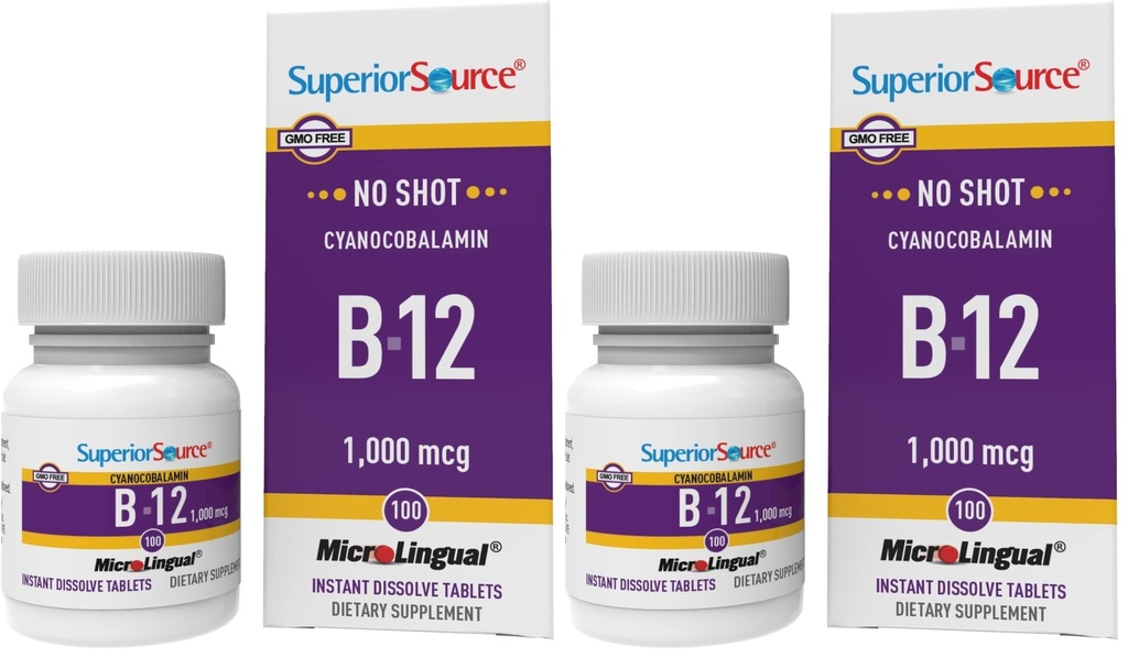 Superior Source No Shot Vitamin B-12 Cyanocobalamin 1000 mcg - Vitamin B-12 to Support Energy Production, Brain Health & Overall Wellness - Sublingual Tablets - 100 Dissolvable Tablets (Pack of 2)
