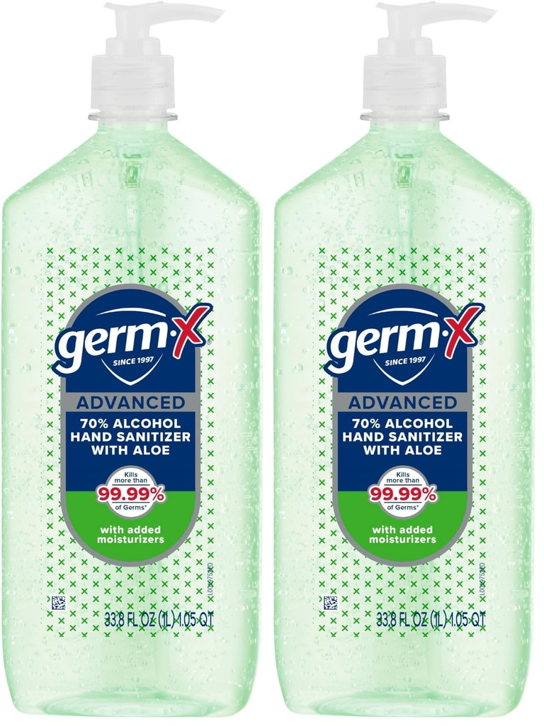 Germ-X Hand Sanitizer Gel with Aloe and Vitamin E | Moisturizing | No Rinse Formula | Pump Bottle | 1 Liter Pack of 2