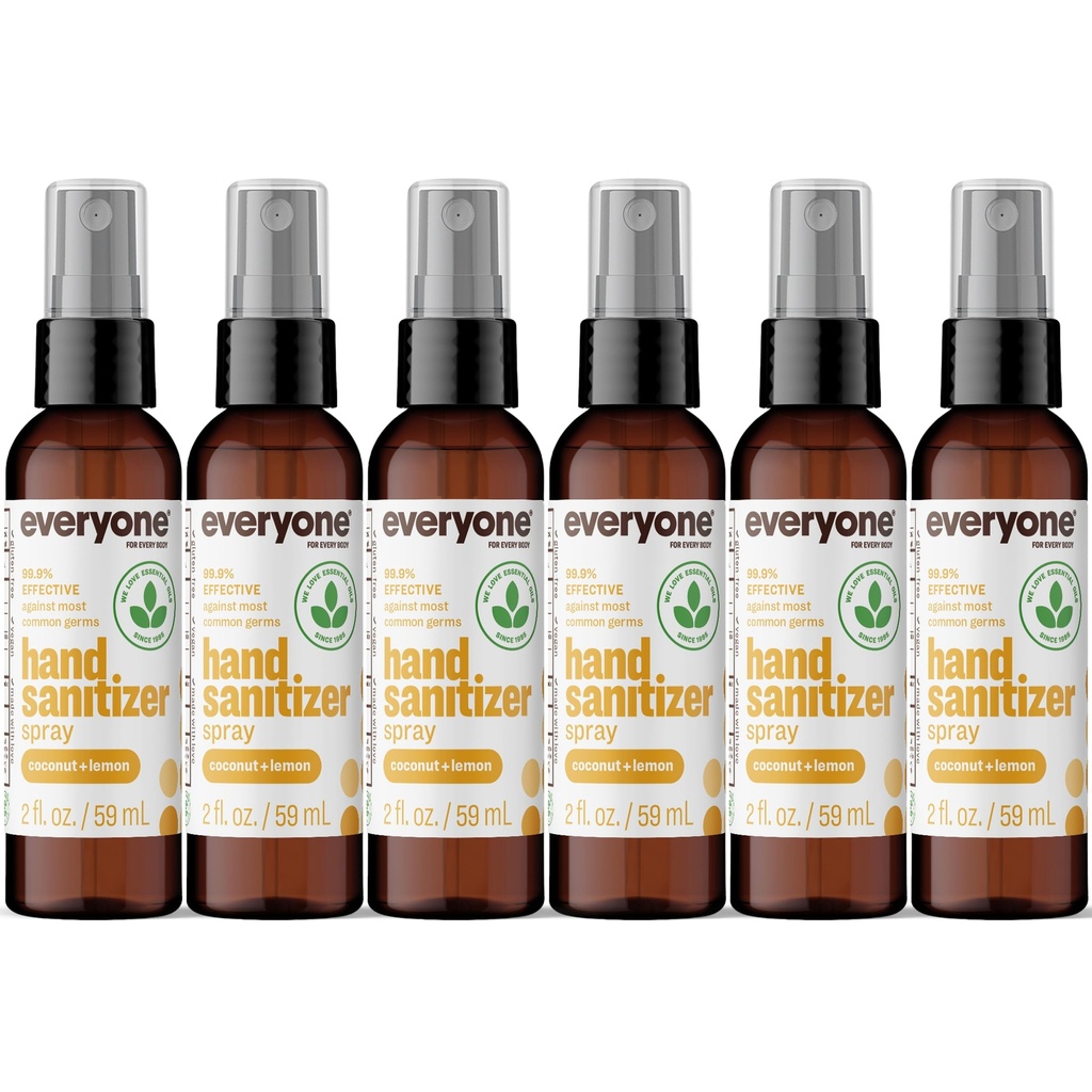 Everyone Hand Sanitizer Spray, 2 Ounce (Pack of 6), Coconut and Lemon, Made with Sugarcane Derived Alcohol with Essential Oils, 99% Effective Against Germs and TSA friendly