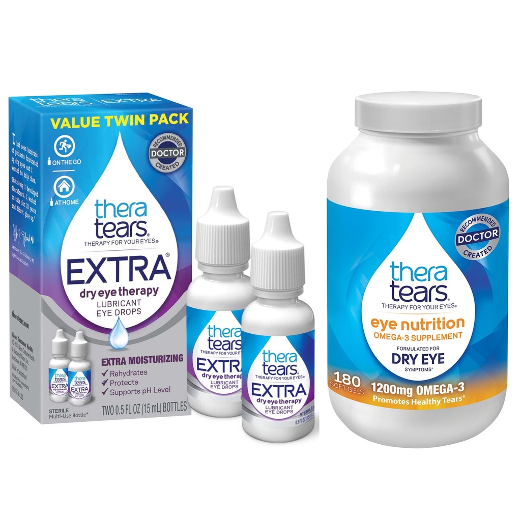 TheraTears 1200mg Omega 3 Supplement for Eye Nutrition, Organic Flaxseed Triglyceride Fish Oil and Vitamin E, 180 Count with Thera Tears Eye Drops for Dry Eyes, 0.5 Fl Oz, 15 Ml, 2 Pack