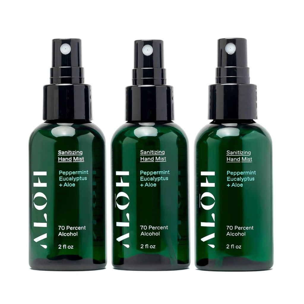 ALŌH Sanitizing Hand Mist 3-pack | Peppermint Eucalyptus + Aloe | 70% Alcohol Hydrating Hand Sanitizer Spray with Essential Oil, for Kids & Adults | 2oz Travel Size Bottle (Set of 3)