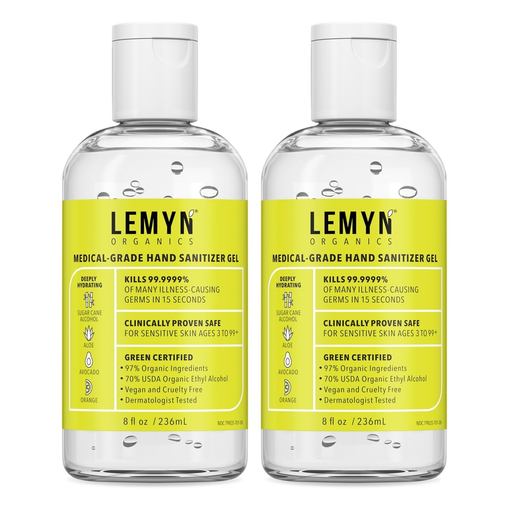 Lemyn Organics Medical‑Grade Hand Sanitizer Gel – 97 % Organic | 70 % USP Ethyl Alcohol | Moisturizing Aloe + Hyaluronic Acid | Freshly Made in USA | 8oz Bottle with Flip top (PACK OF 2)