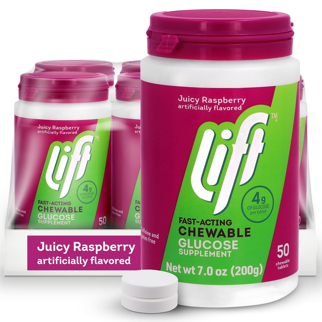 Lift Glucose | Fast-Acting Glucose Chewable Energy Tablets | Raspberry | 50 ct Jar (Pack of 6)