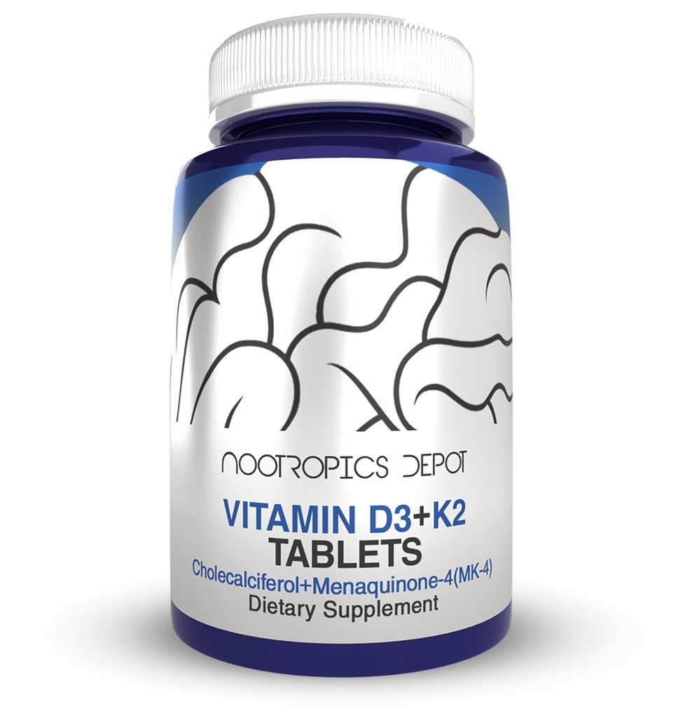 Nootropics Depot Vitamin D3 + K2 with Vitamin C Tablets | 60 Count | Cholecalciferol + Menaquinone-4 (MK-4) | Mood, & Bone Health | Healthy Calcium Absorption