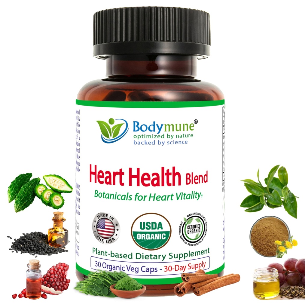 Bodymune Heart Health Blend Cholesterol Support – Organic Cardiovascular & Circulation Supplement – with Green Tea, Pomegranate & Black Seed Oil – 30Capsules – USDA Organic, Vegan