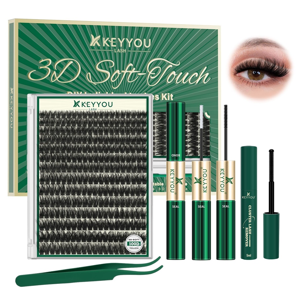 KEYYOU 3D Volume Lash Clusters Kit D Curl 100D with Tools DIY at Home | 280Pcs 9-18MIX Thick Volume.Lash Kit: Lash Bond&Seal & Tweezers&Remover. Perfect for Daily Wear, Weddings, Parties & Travel.