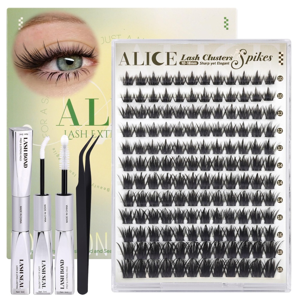 ALICE Spikes Lash Clusters Kit Wispy Lash Extension Kit 10-18mm | White bond and seal plus tweezers for pointed wispy placement, elegant eye definition, anime-inspired detail, and soft glam