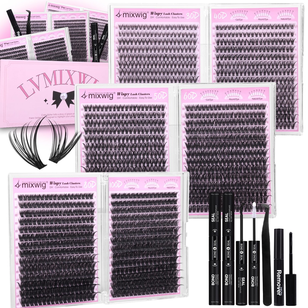 6 Styles Lash Clusters Kit 1596PCS Mega Lash Extension Kit Wispy Eyelash Clusters Volume Cluster Lashes with 2X Lash Bond and Seal Gift Packs 8-16MM D Curl Individual Lashes for Beginners by Lvmixwig