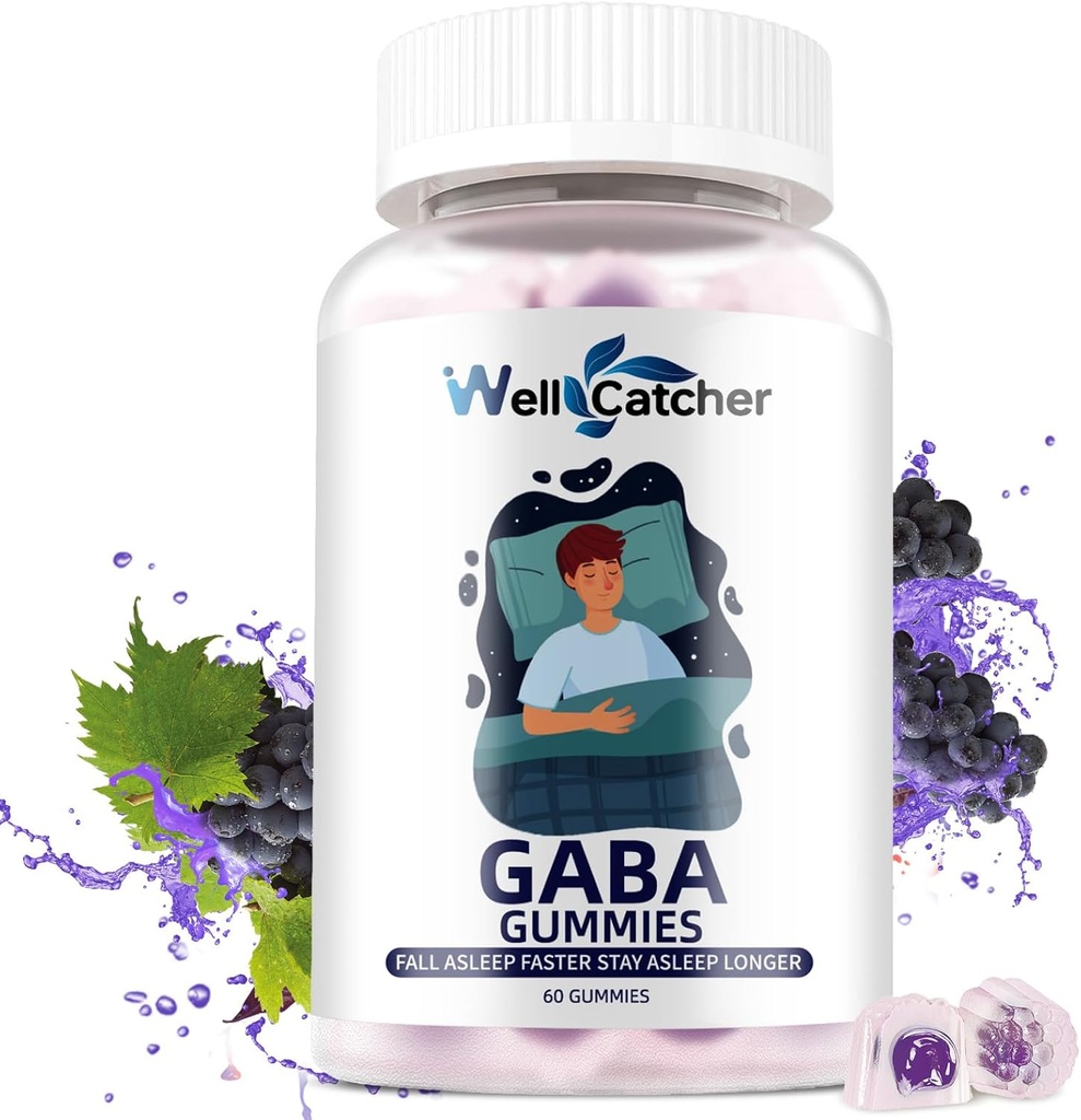 Supplément GABA Gummies 500mg: Supplément GABA L-théanine à croquer Gummies pour adultes Enfants Non Melatonine Aide au sommeil Esprit calme avec 5-HTP pour le stress Zzz Meilleur sucre sans saveur de raisin 60CT