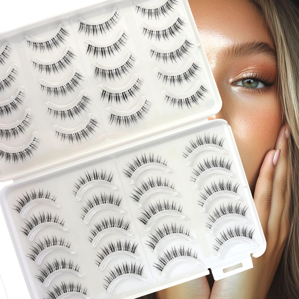 Natural Strip Lashes 10MM Short Cat Eye False Eyelashes Invisible Clear Band Thin Wispy Fake Lashes for Daily Wear 20Pairs
