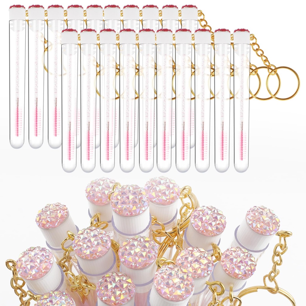 20pcs Mascara Wands Set Crystal Eyelash Spoolies Eyebrow Brush and Reusable Diamond Key Chain Tube Eyelash Extension Supplies (Pink)