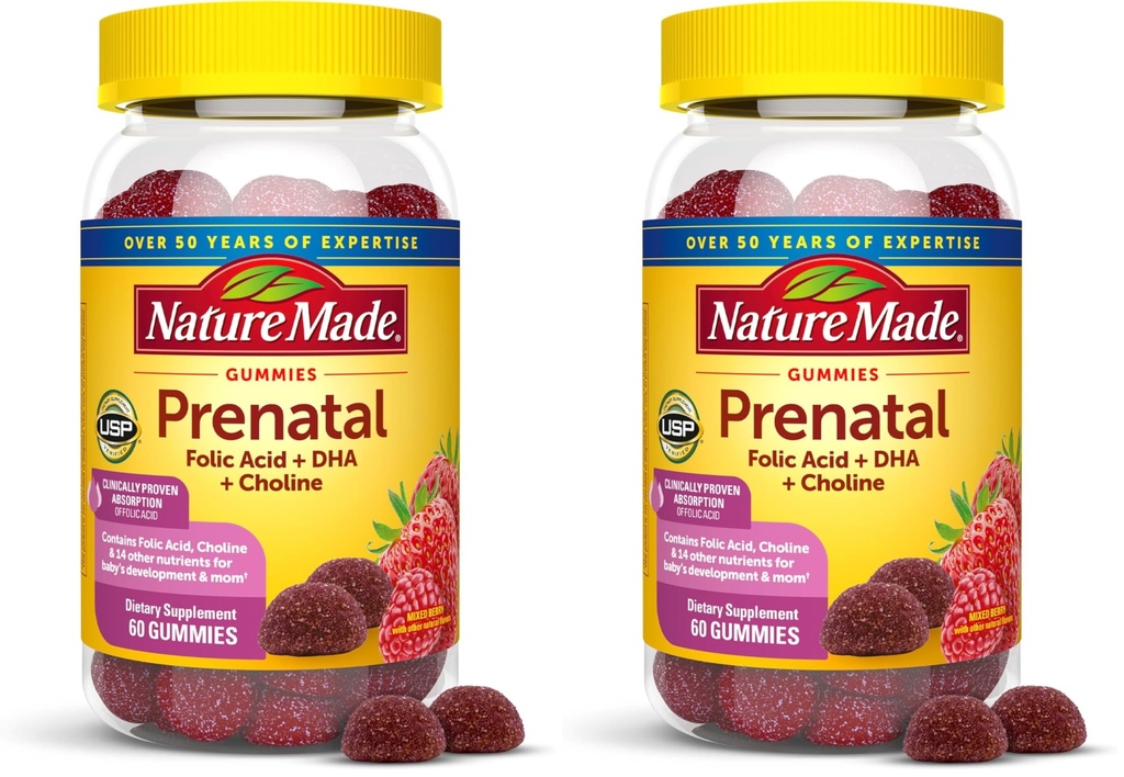 Nature Made Prenatal Gummies with DHA and Folic Acid, Prenatal Vitamins for Women for Daily Nutritional Support, 60 Gummies, 30 Day Supply,(Pack of 2)