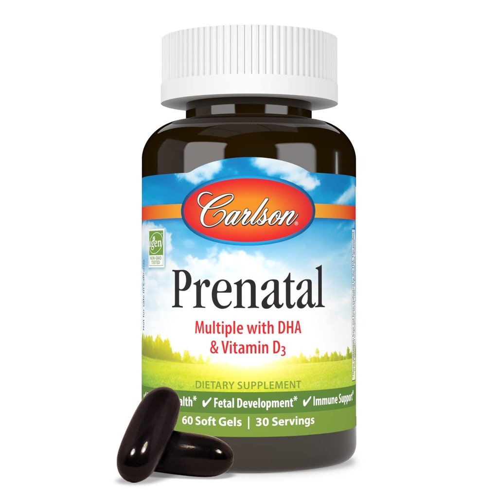 Carlson - Prenatal, Multiple with DHA & Vitamin D3, Pregnancy Health, Fetal Development & Immune Support, 60 Softgels