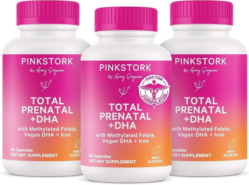 Pink Stork Total Prenatal Vitamins with DHA - Mint, 3 Month Supply | Methylated Folate, Iron, Choline, Vitamin B12 - Preconception Nutrition - Prenatals for Women, Pregnancy Must Haves, 18 Count