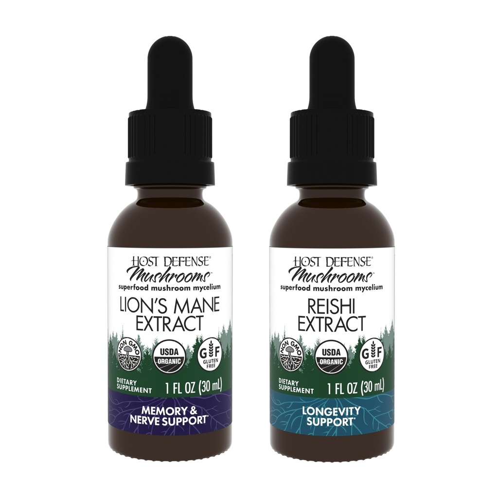 Host Defense Bundle with Lion's Mane Extract, 1 fl oz & Reishi Extract, 1 fl oz - Support Brain Health, Memory & Focus - Support Heart & Immune Health*