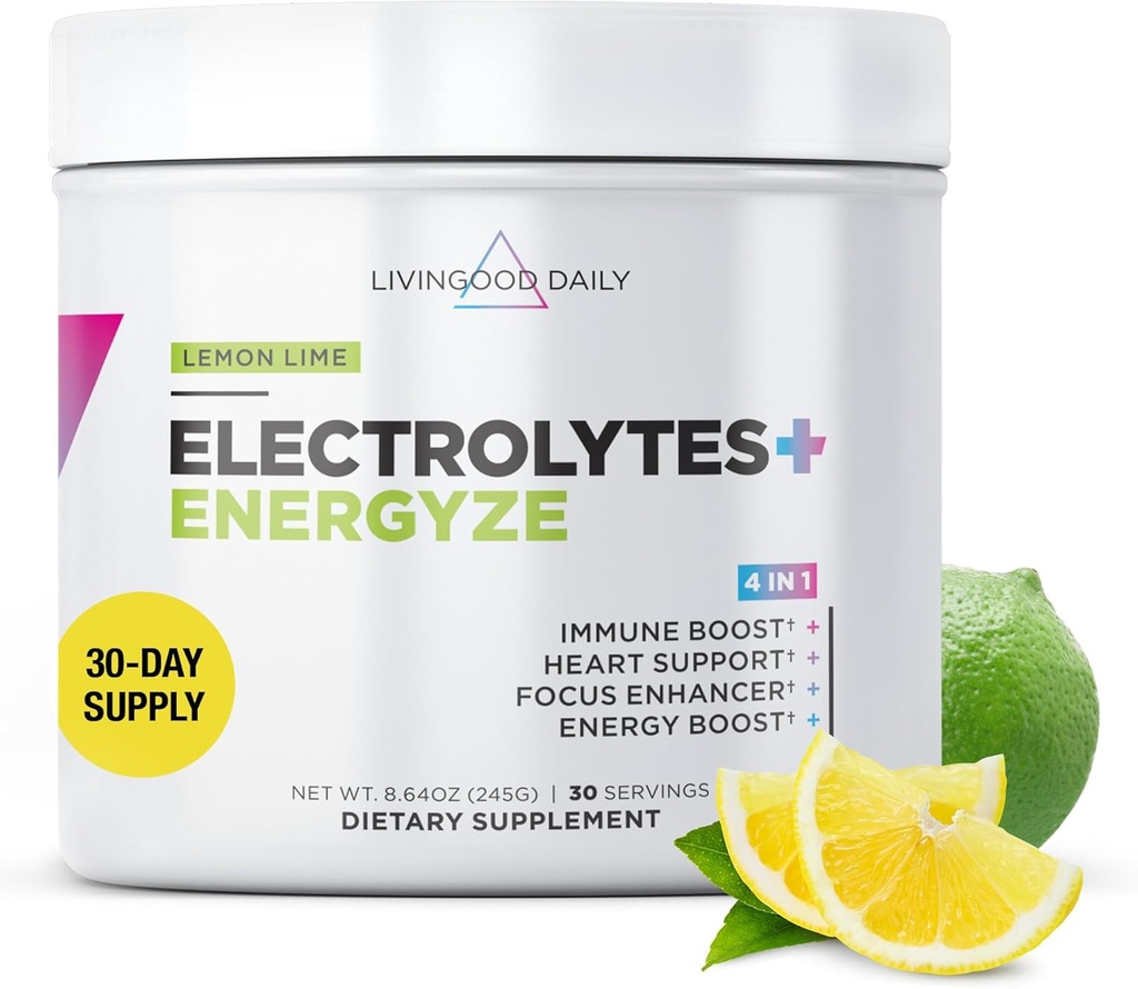 Livingood Daily Electrolytes Powder, Electrolytes Hydration Powder with Vitamin C, Taurine, D Ribose & FOS, Sugar Free Electrolyte Drink Mix, Keto, Glutenvrij, Lemon Lime Flavor, 30 porties