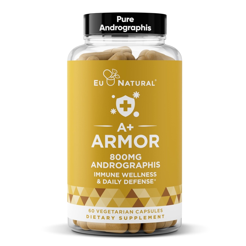 Eu Natural A+ Armor Andrographis Pure 800 Mg - Healthy Immune System Function, Physical Wellness, Potent Strength for Seasonal Protection - Full-Spectrum & Standardized - 60 Vegan Soft Capsules