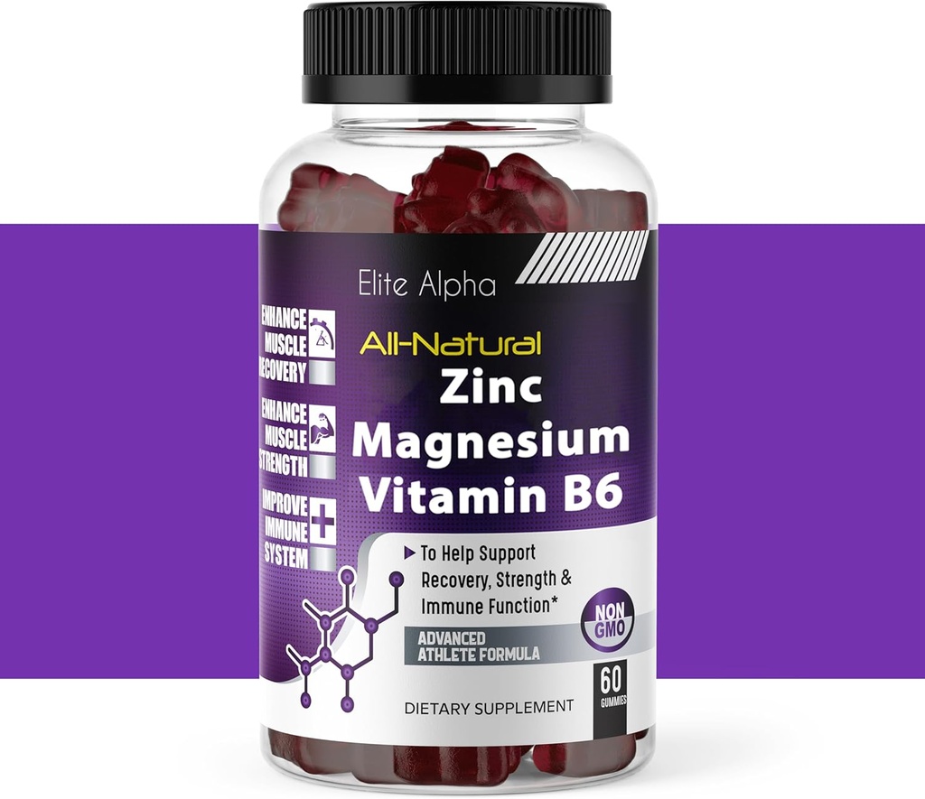 Zinc+Magnesium+Vitamin B6 Max Strength Gummies - Potent All-Natural Zinc, Magnesium, B6 for Immune Support and Muscle Energy & Recovery