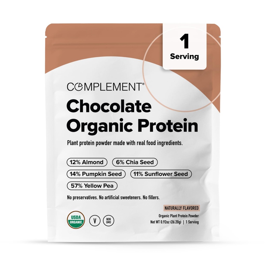 Complement Vegan Chocolate Protein Powder - Organic Protein Low Carb, Low Calorie, Sugar Free, Soy Free, Non-GMO, Gluten Free - 15g Yellow Pea, Pumpkin Seed Plant-Based Protein (1 Serving)