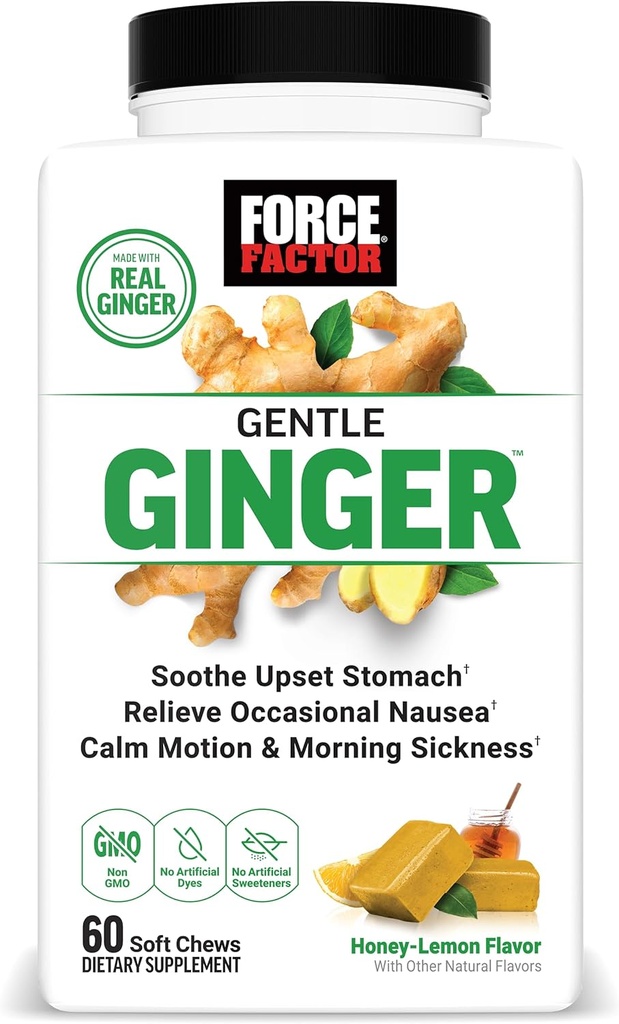 FATOR DE FORÇA Gentil Ginger Mastiga para alívio de náuseas, doença de movimento e doença matinal, Suplemento de gengibre com vitamina B6 para apoio digestivo, Não-GMO, Flavor de gengibre mel-lemon, 60 mastigação suave