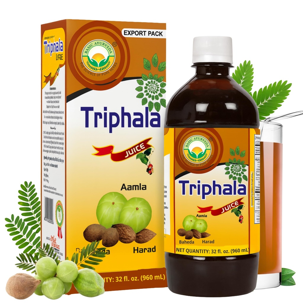 BASIC AYURVEDA Triphala Juice | 32.46 Fl Oz (960ml) | Herbal Blend of Amla, Haritaki & Bibhitaki | Natural Source of Vitamin C | Supports Digestion, Detox & Gut Health | No Added Sugar