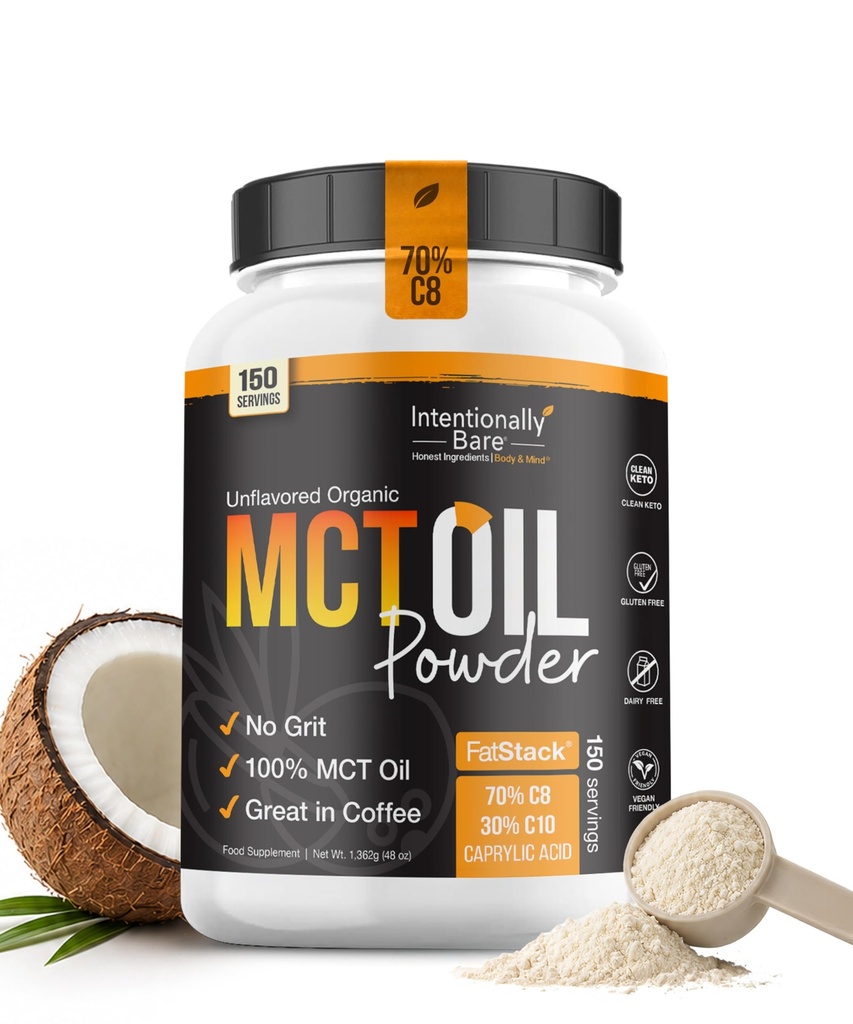 Intentionally Bare Organic MCT Oil Powder - 70% C8 & 30% C10 – MCT Coffee Creamer with Prebiotic Fiber - Coconut Oil Powder for Clean Energy, Mood & Focus – 0 Net Carbs – Unflavored - 150 Servings