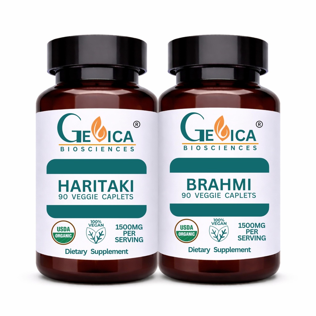 USDA Organic Haritaki (Terminalia chebula) + Brahmi (Bacopa monnieri) Bundle – 1500 mg per Serving Each, Whole Fruit & Whole Herb Powder, No Extracts, 90 Caplets Each
