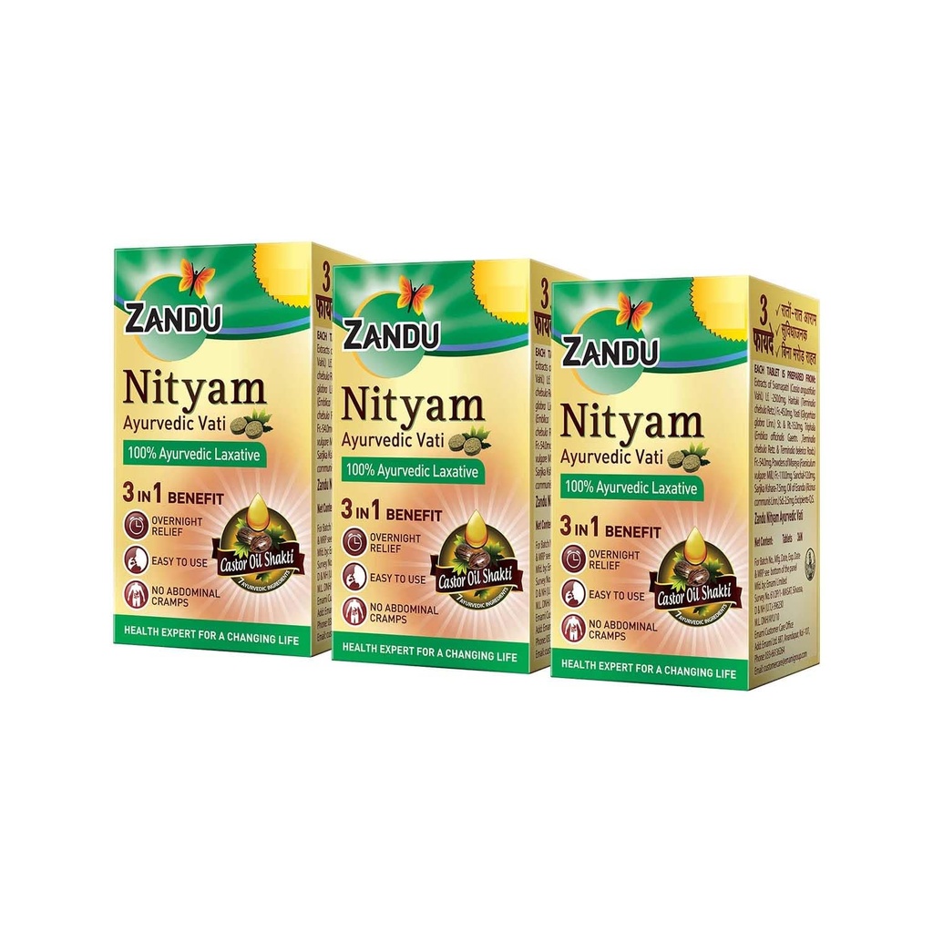 Zandu Ayurvedic Nityam Tablets | Made with 7 Ayurvedic Ingredients | Herbal Supplement for Bowel Movement | Helps in Body Detoxification & Nutrient Absorption | 30 Tabs (Pack of 3)