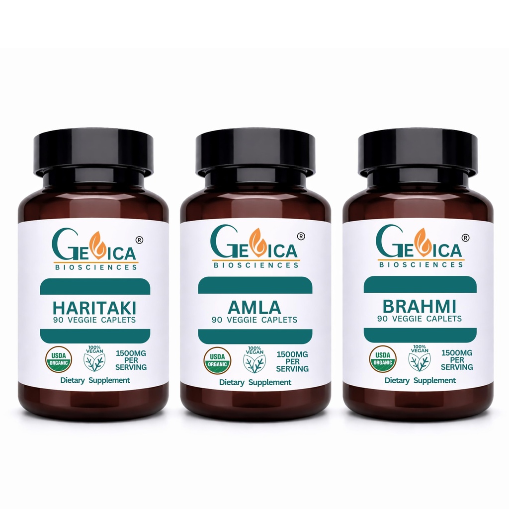 USDA Organic Haritaki (Terminalia chebula) + Amla (Phyllanthus emblica) + Brahmi (Bacopa monnieri) Bundle – 1500 mg per Serving Each, Whole Fruit & Whole Herb Powder, No Extracts, 90 Caplets Each
