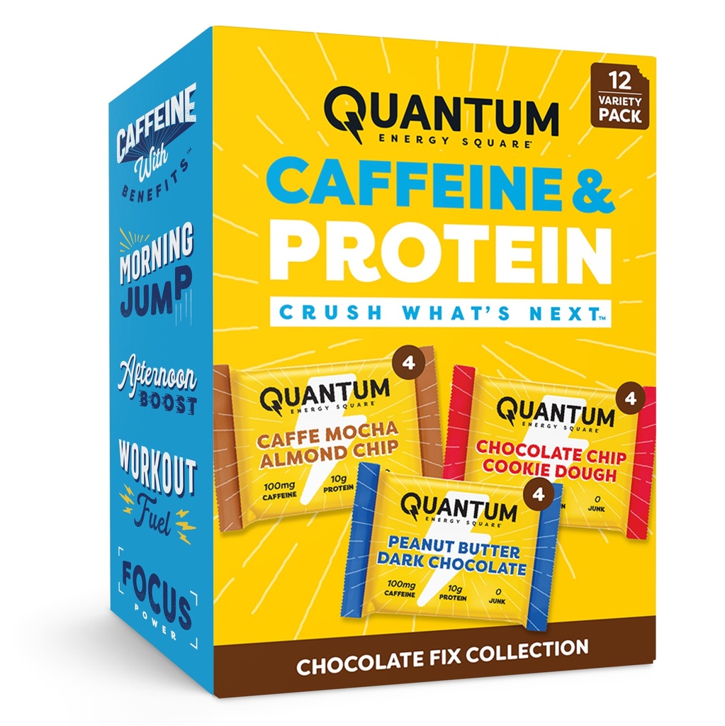 Quantum Energy Square - Peanut Butter Dark Chocolate, Chocolate Chip Cookie Dough, Caffe Mocha Almond Chip - Variety 12-Pack - 4 Bars Each