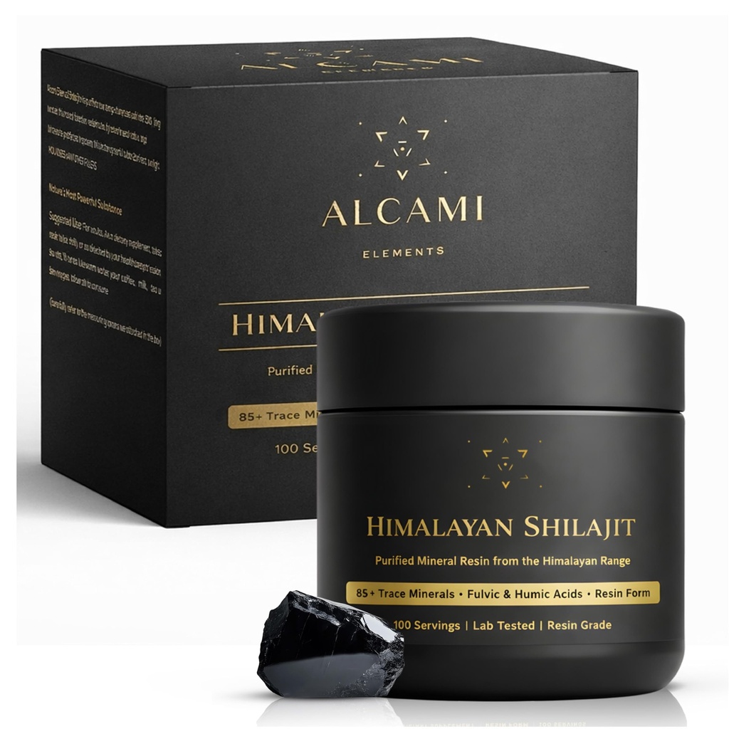 Alcami Premium Himalayan Shilajit Resin - High Potency Gold Grade Shilajit for Men & Women | 100 Servings | 85+ Trace Minerals | 75%+ Fulvic Acid | Lab Tested | 50 Grams | Spoon Included