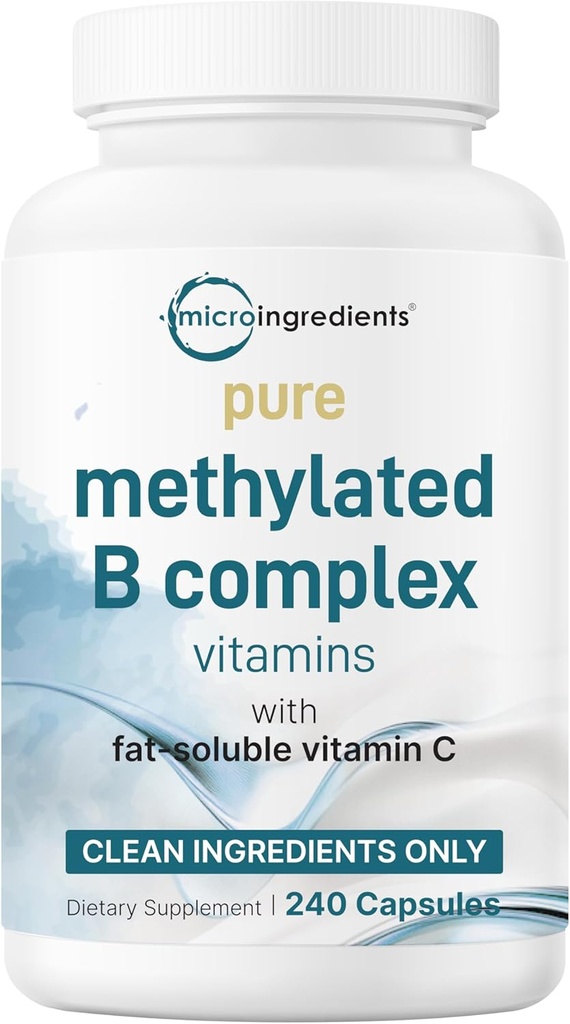 Micro Ingredients Pure Methylated B Complex, 240 קפסולות | 11-in-1 פורמולה עם B12, Thiamin, Folate, Inositol, Choline & ויטמין C | תמיכה באנרגיה, Mood & Nerve Health | Filler Free, non-GMOMO
