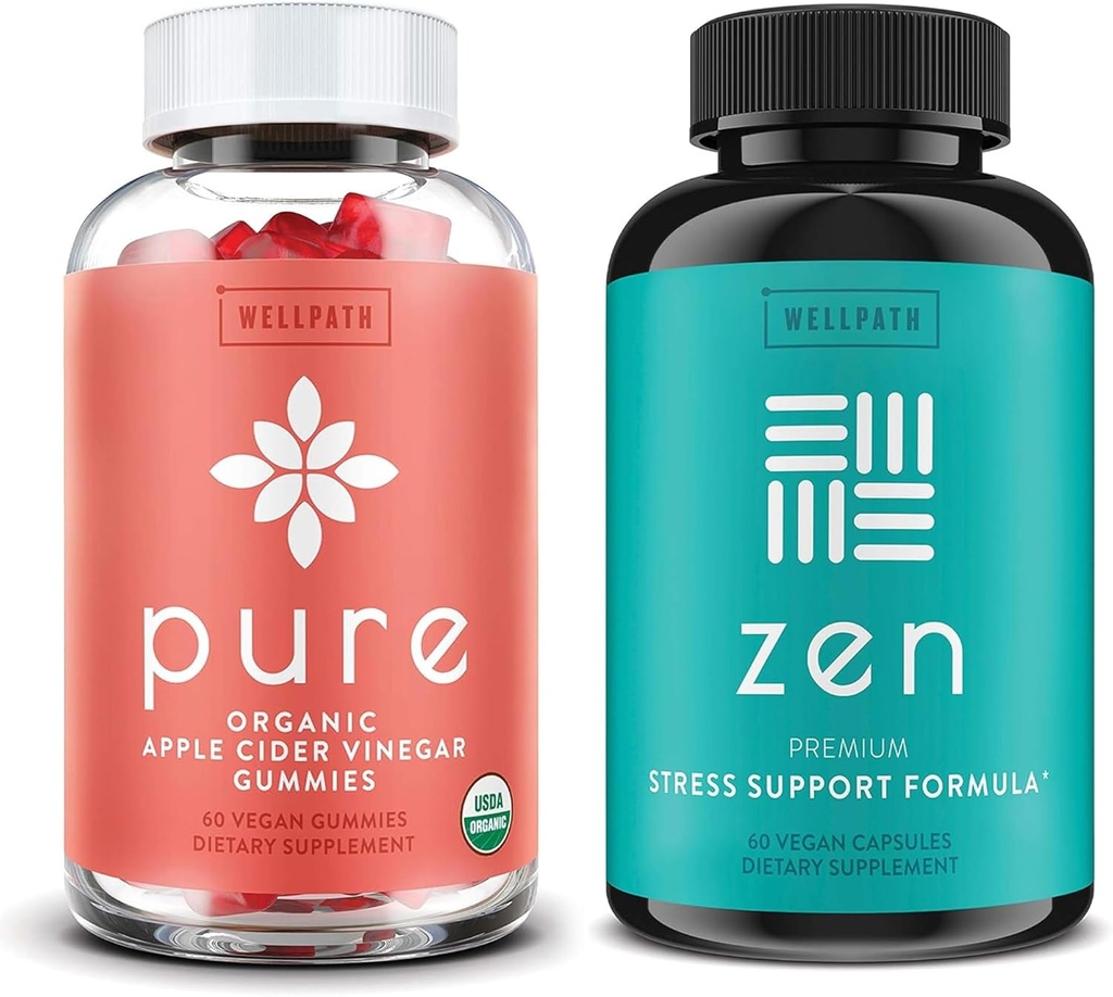 WellPath Pure Apple Cider Vinegar with Mother Gummies & Zen Mood Support Supplements Bundle - Detox & Calm Energy Combination, Vegan, 60 Ct
