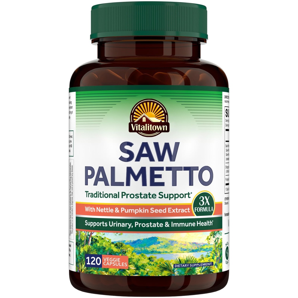 Vitalitown Saw Palmetto for Men 600 mg, with Stinging Nettle and Pumpkin Seed Extract, Urinary, Prostate, Hair Support, DHT Blocker, 120 Vegan Capsules