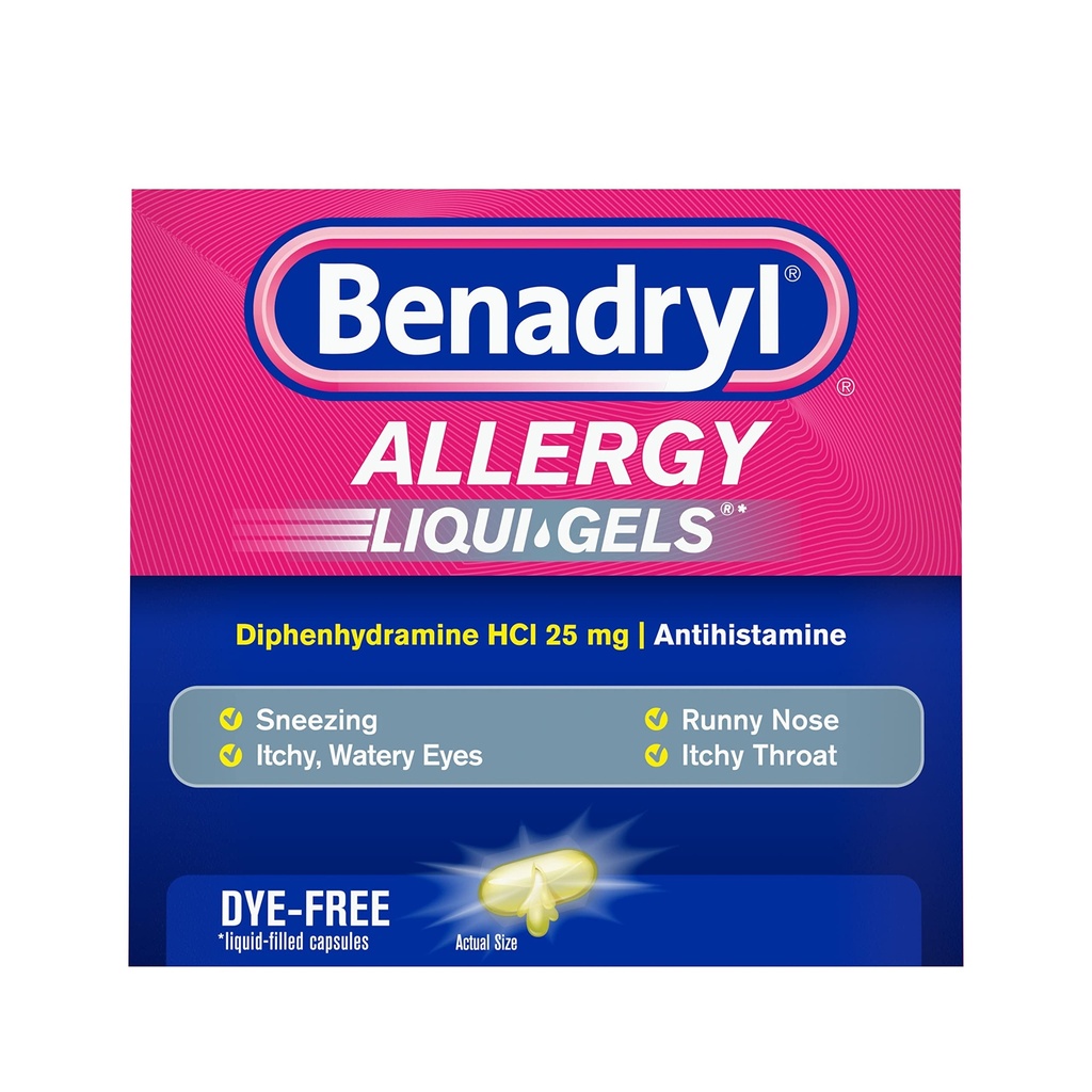 Benadryl Liqui-Gels Antihistamine Allergy Medicine & Cold Symptom Relief, Dye-Free Liquid Gels with 25 mg of Diphenhydramine HCl for Symptoms Such As Runny Nose, Sneezing & More, 24 ct