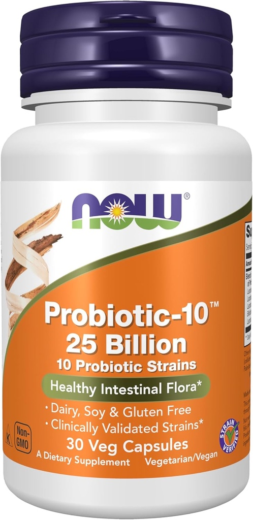 NOW Foods Supplements, Probiotic-10TM, 25 miljarder, med 10 Probiotiska stammar, Dairy, Soy och Gluten Free, Strain Verified, 30 Veg Capsules