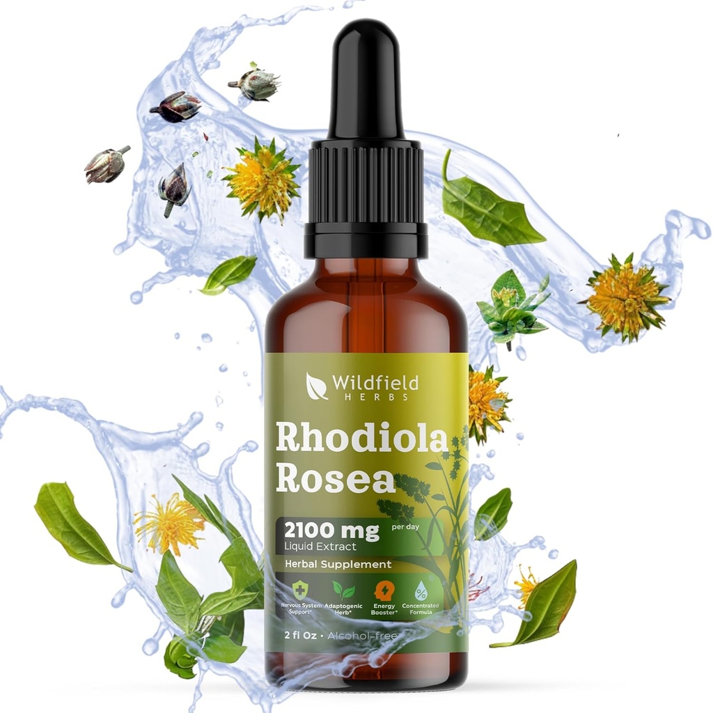 Rhodiola Rosea Root Tinctuur Extract Drops 2100mg (Rhodiola rosea L.) Kruidensupplement Absorbeert beter dan capsules, 1 maand Supply, 84 Servings, Alcoholvrije Tinctuur - 2 Oz, Verpakking van 1